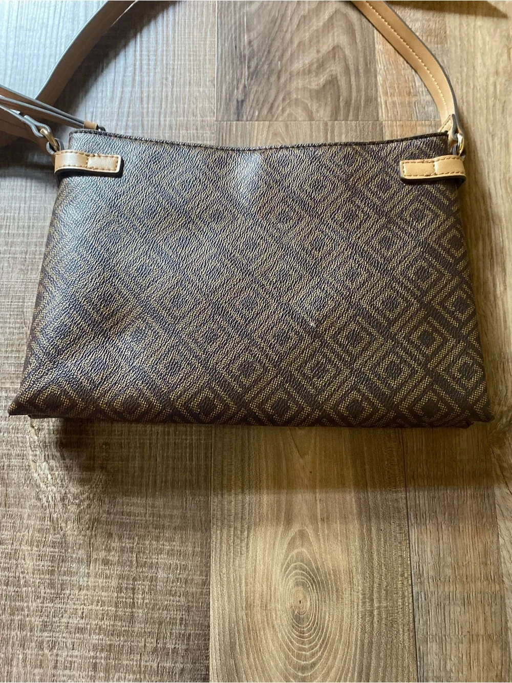 Liz Claiborne Brown Monogram Crossbody Bag with Tan Strap
